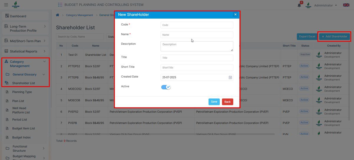 Danh sách Shareholder và form thêm mới Shareholder